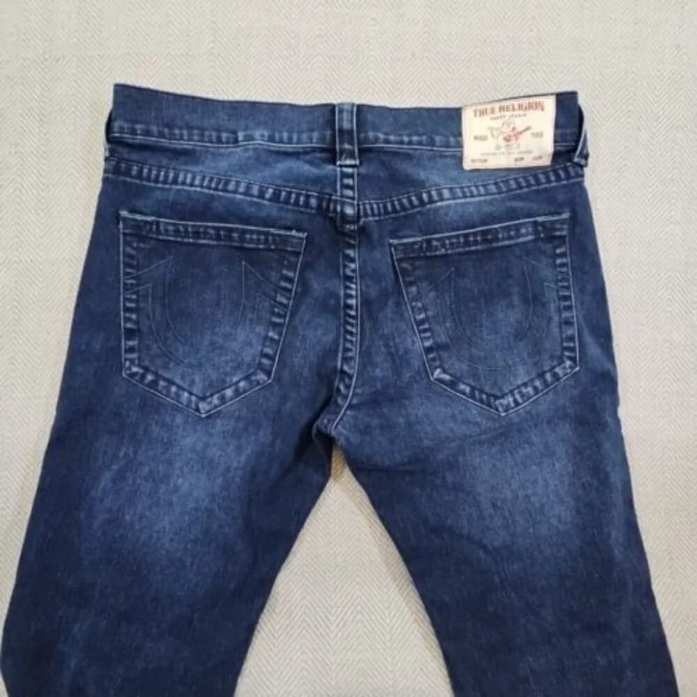 True Religion Jeans Men's 34 x 32 Blue Relaxed Denim Green Contrast Stitching